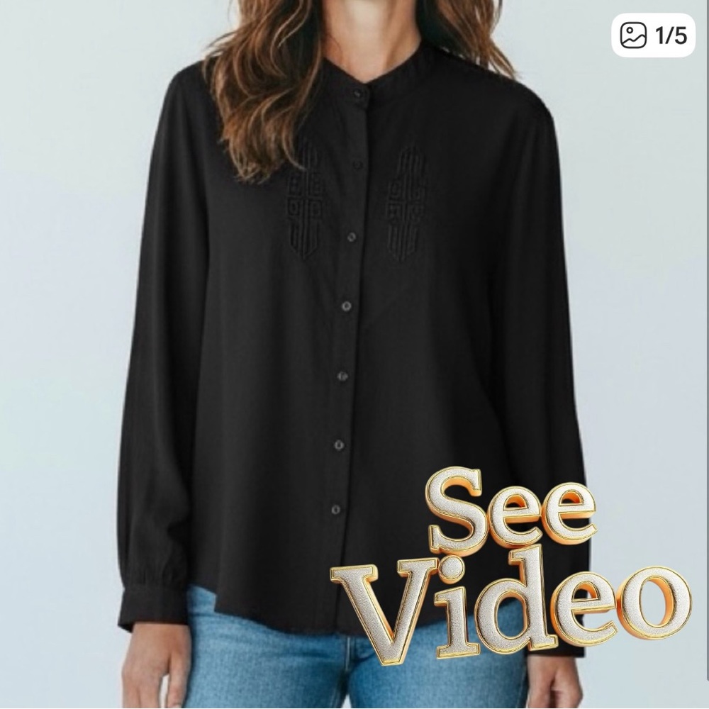 👛(ANY 2/$25) Oversized Med MWG APPAREL Black Long Sleeved Blouse Geometric Motif